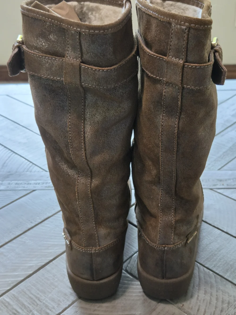 Coach Tanesha Women's Brown Metallic Suede Mid-Calf Buckle Faux Fur Lined Boots